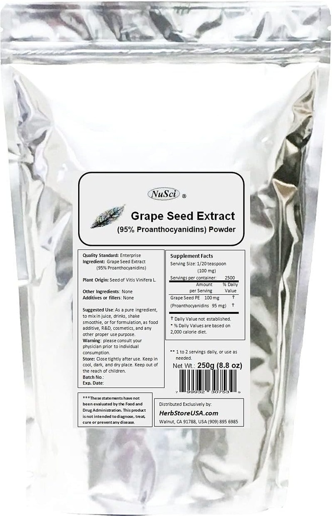 Sementes de uva (Europa) Extrair pó padronizado 95% Proantocianidins OPC (250 gramas (8,8 oz)) Europa GMO sem irradiação