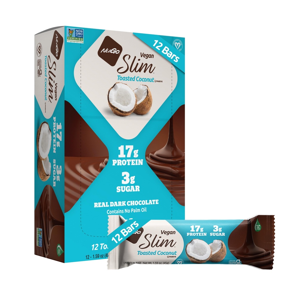 NuGo Slim chocolate escuro tostado coco, 16g Vegan Protein, 3g Açúcar, 7g Fibra, Low Net Carb, Keto Friendly, Sem glúten, 12 C