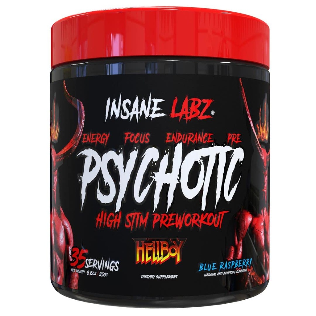 Insane Labz Hellboy Edition, High Stimulant Pré-treino Pó e NO Booster com Beta Alanine, L Citrulina, e Cafeína, Boosts Focus, Energia, Endurance, Nitric Oxide Levels, 35 Srvgs, Blue Rasp