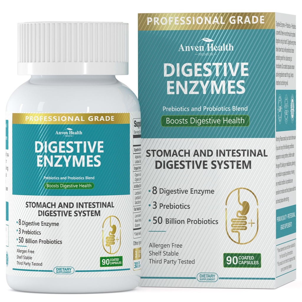 800mg Enzimas Digestivas para Homens e Mulheres com Probióticos e Prebióticos Orgânicos, 8 Enzimas Chaves, Protease, Amylase & Lipase para Bloating, Alívio de Gás, Não-GMO .
