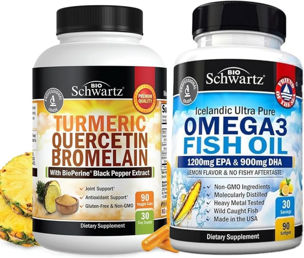 Quercetin açafrão com Bromelain Suplemento (1 Mês de Fornecimento) Mais Triplo Força Omega 3 Peixe Óleo Softgels (1 Mês de Fornecimento)