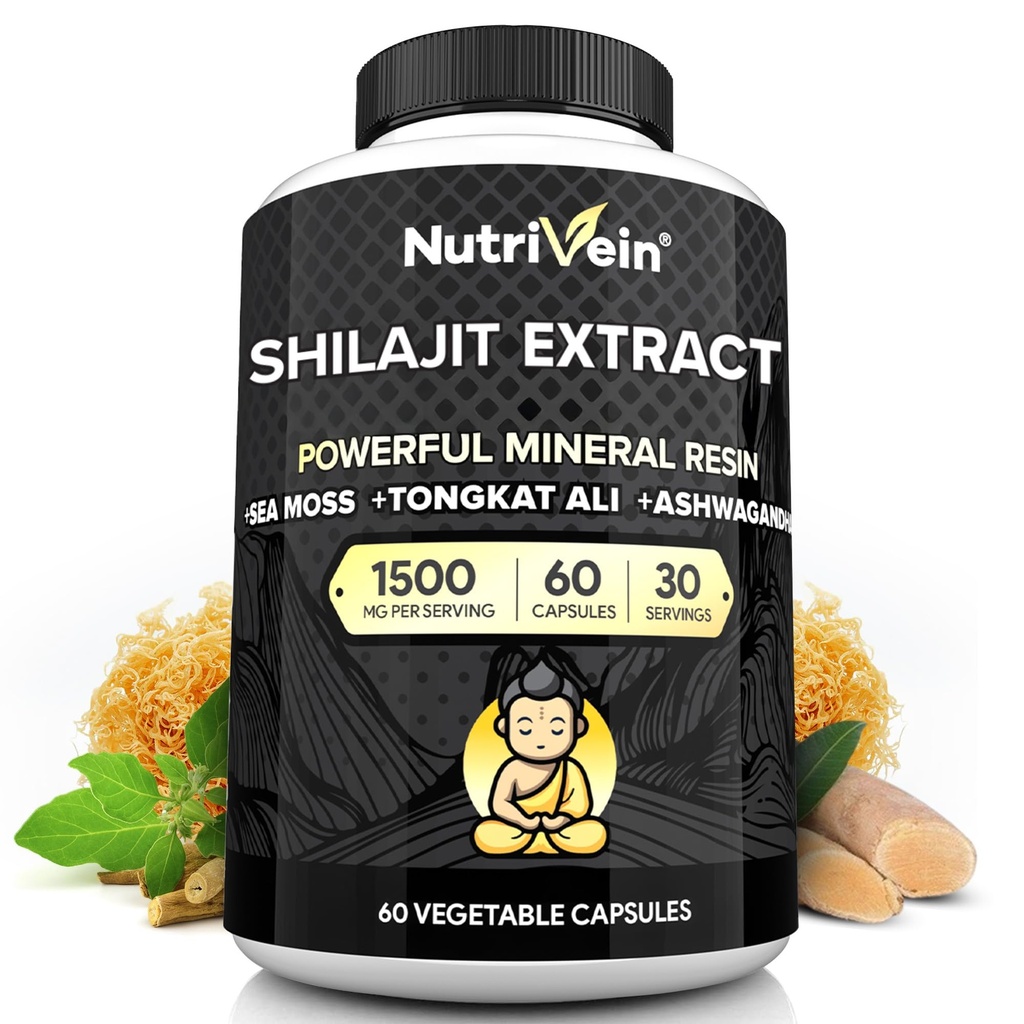 Nutrivein Premium Puro Himalayan Shilajit para homens e mulheres - 1500 mg - 60 Cápsulas- Extrato de resina poderosa Misturado com Irish Sea Moss, Tongkat Ali, & Ashwagandha - Vitalidade, clareza, & Desempenho