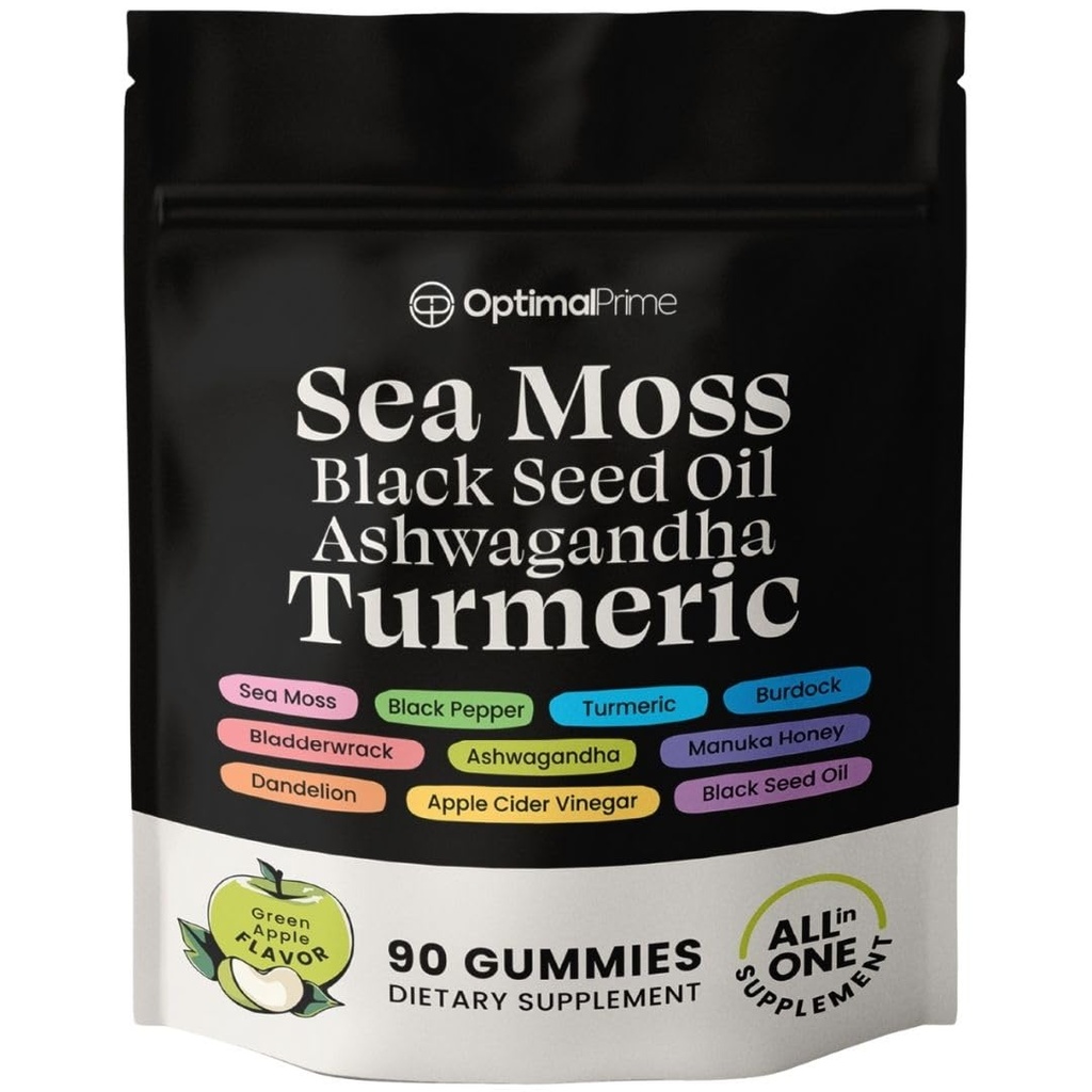 Máximas Musgo de Mar Prime e Gummies de óleo de semente preta, Ashwagandha, Açafrão, Manuka Honey, ACV, Dandelion, Pimenta preta, Burdock, Bexiga, Vegan, 90 Gummies 45 Dia Fornecimento