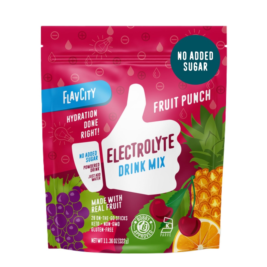 FlavCity Fruit Punch Electrolytes Powder Packets - 28 Pacotes de hidratação - Sem açúcar adicionado - Hydration Powder with Real Fruit & Unrefined Sea Salt - Keto & Gluten-Free (28 Stick Packs)