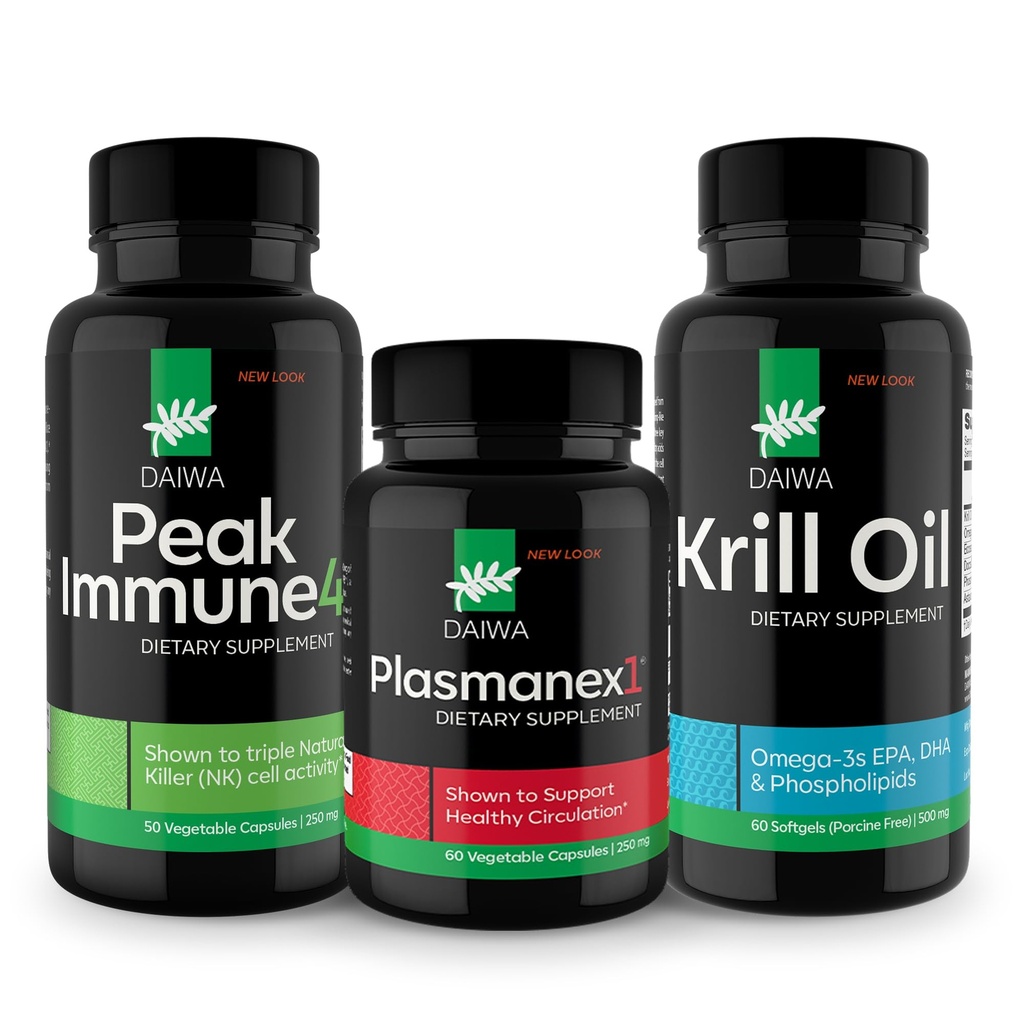 Daiwa Pico Imune 4 - Imune Sistema Natural Imune Booster + Plasmanex 1 – Suplemento de circulação sanguínea + Óleo de Krill – Cápsulas de óleo de Omega 3 Krill