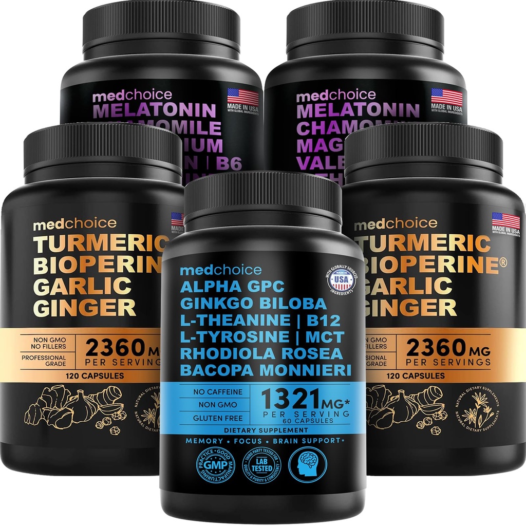 MEDCHOICE Turmeric & Ginger (240ct), Melatonina do sono (180ct), e Nootropic Brain (60ct) Suplemento Bundle - Trio de bem-estar para o cérebro, sono, & apoio imunológico - Vegan, Não-GMO, Gluten-Free