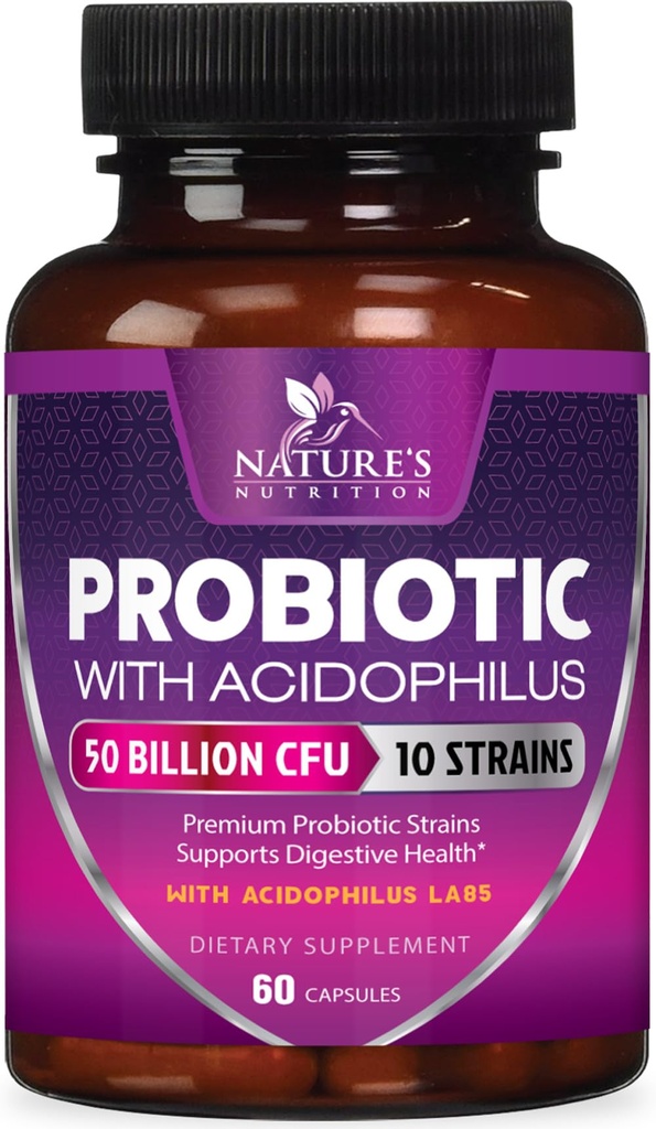 Probióticos 60 bilhões de UFC por serviço - 10 Strains + Prebióticos - Saúde Digestiva, Gut & Imune Support - Suporta Constipação Ocasional, Gás e Bloating para Mulheres e Homens prateleira estável - 60 Cápsulas