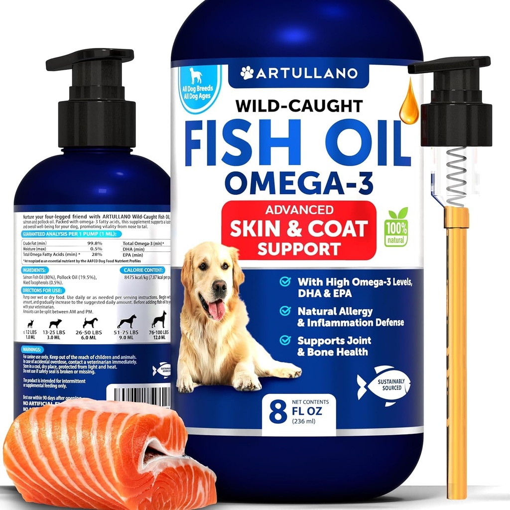 Óleo de peixe Omega 3 para cães - Melhor do que óleo de salmão - Pele e revestimento de defesa Suplemento líquido para alívio de alergia - alta EPA & DHA para derramamento, mobilidade, coceira, suporte à saúde conjunta e óssea - 8 FL OZ