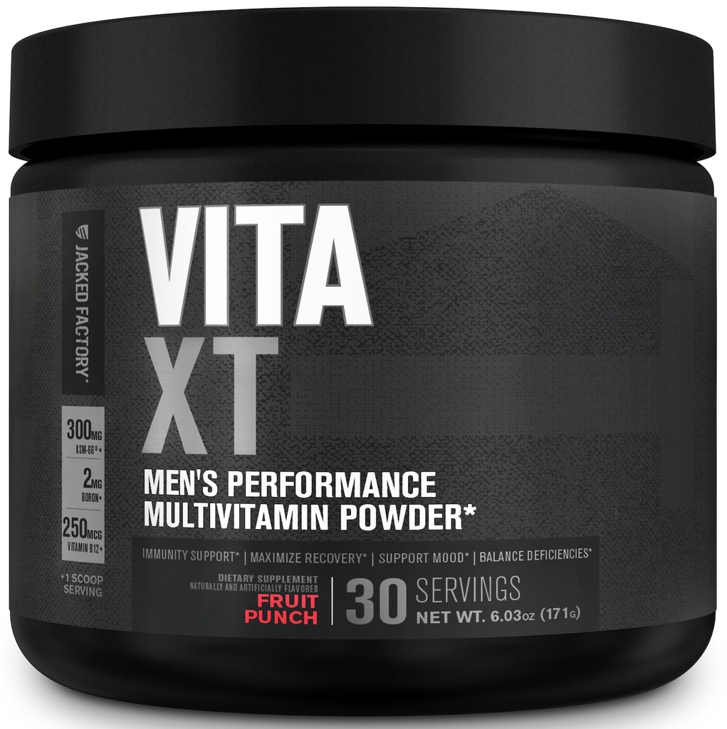 Fábrica Jacked Vita XT desempenho pó de vitamina - pó de multivitamina diária para homens com KSM-66 Ashwagandha, Fibra Prebiótica, Vitamina A, C, D, K, B6, B12, & More - Fruit Punch, 30Sv