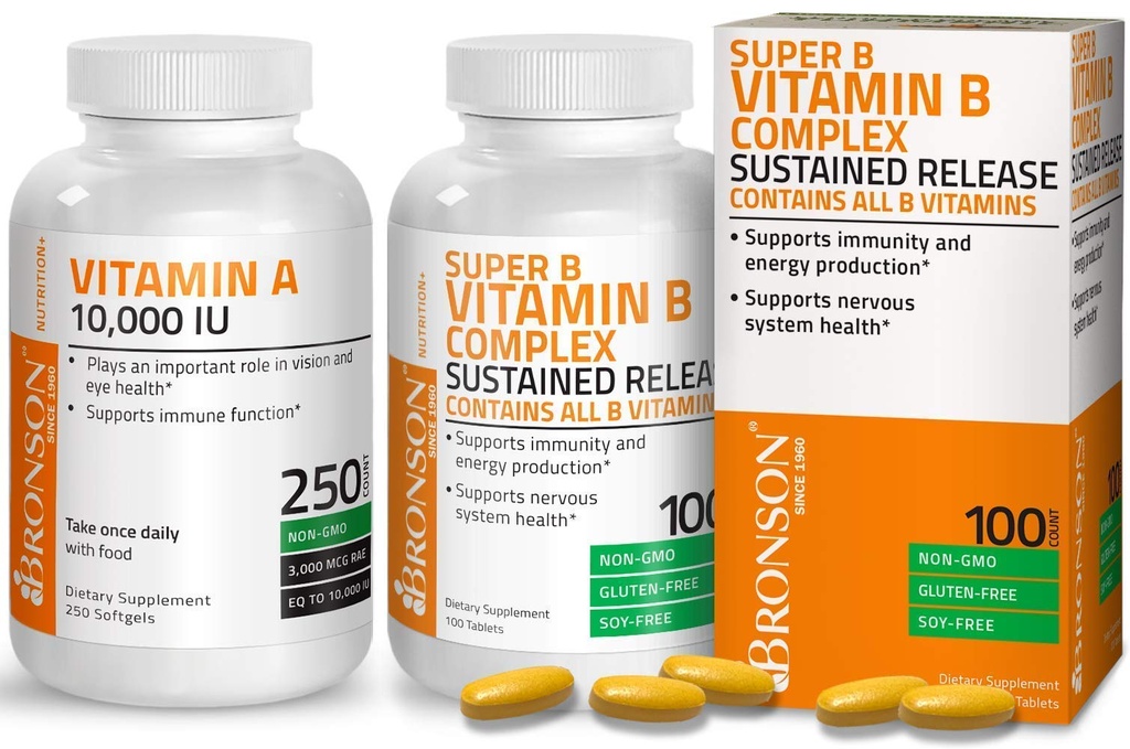 Bronson Super B Vitamina B Complexo Mantido Libertação lenta + Vitamina A 10.000 UI Fórmula Premium Não-GMO