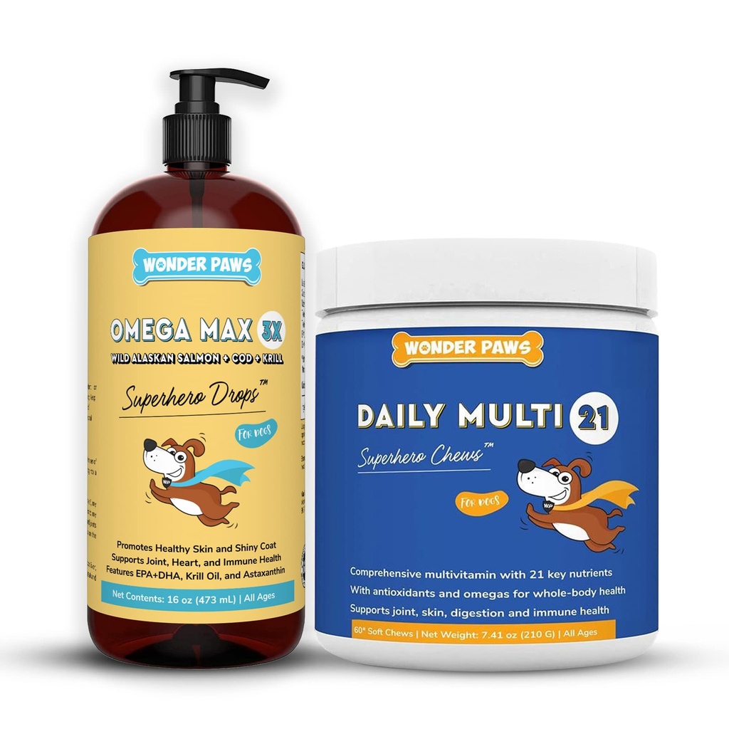 WONDER PAWS Omega Max Fish Oil Plus Multivitamin Mastigações Diárias - para a saúde do cão comum, umidade da pele, suporte do sistema imunológico e bem-estar diário - Omega Max 16 Ounces - Multivitamin 60 Mastigações