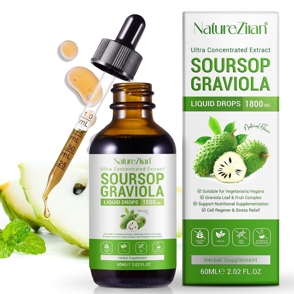 Soursop Graviola Liquid Drops - Soursop Bitters Liquid - Soursop Leaves Extract - Natural Antioxidant - Suporte celular e regeneração - Imune Boost - Relaxar - Fígado e Sono (1)