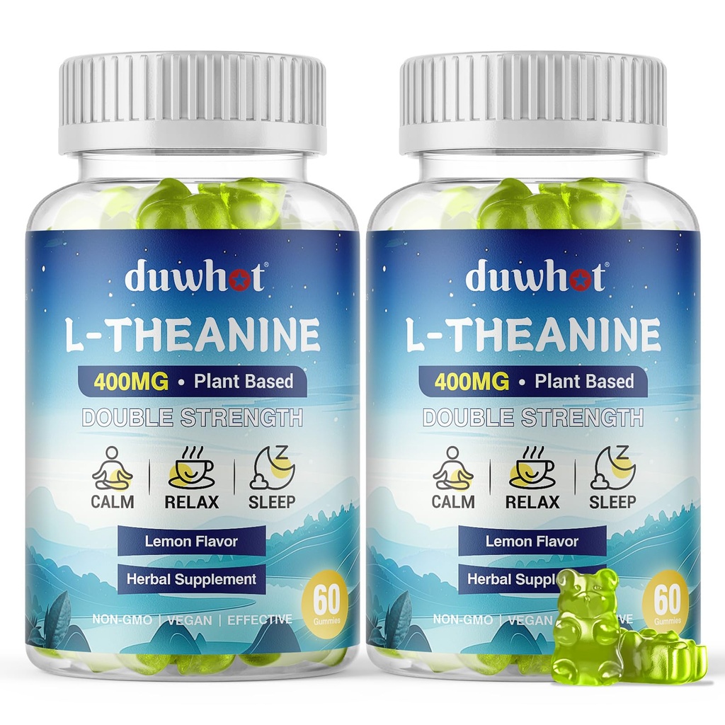 L-Theanina Gummies 400mg, Chewable Theanina Suplemento para Adultos e Crianças 4+, Alivio de estresse natural, zzZ & Focus Supplement, Vegan, Baixo açúcar, Non-Drowsy, Lemon Flavor, 120 Chewables
