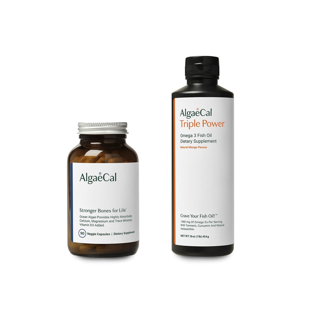 AlgaeCal Bundle - Suplemento de cálcio baseado em plantas com vitamina D3 para a saúde óssea e força e tripla potência Omega-3 óleo de peixe emulsão líquida natural com EPA & DHA, curcumina, astaxantina