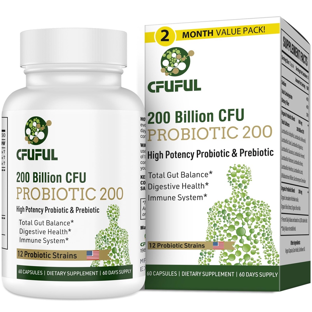 Probióticos para Mulheres e Homens, 200 bilhões UFC 12 Strains com 3 Prebióticos Orgânicos e Probióticos para Gut Saúde Digestiva, Imune, Bloating & Gas, Energia, Saúde Global, prateleira estável - 2 Mês de Abastecimento
