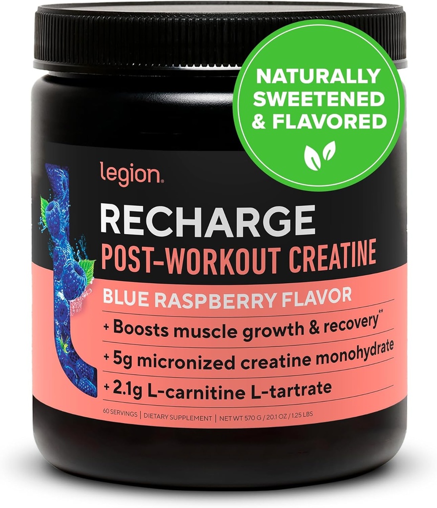 Legion Recharge Post Treino Suplemento - Todos Natural Muscle Builder & Recuperação Bebida com Micronized Creatina Monohidrato. Naturalmente adoçado e saboreado, seguro e saudável. (Framboesa Azul, 60 Serving)