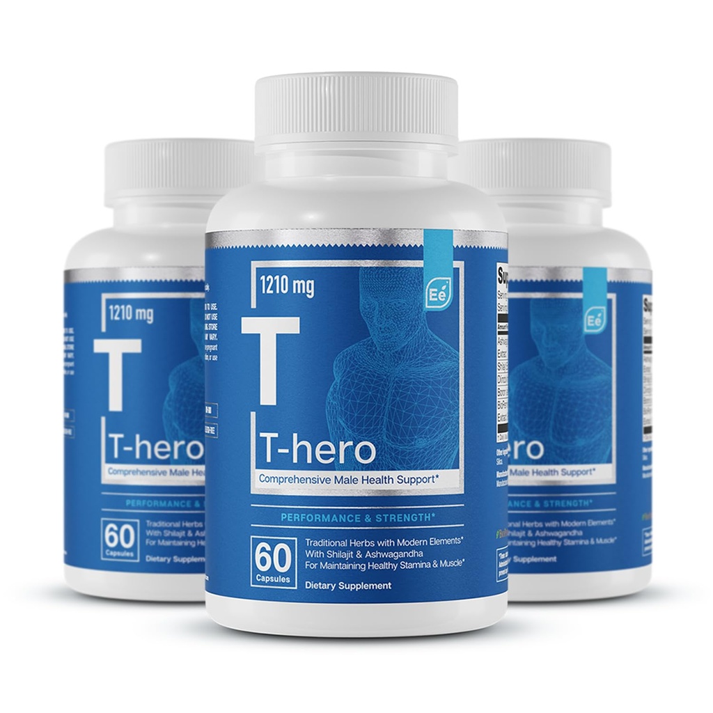 Elementos essenciais Suplemento de saúde masculina - Apoio muscular e saúde T com DIM, Ashwagandha, Shilajit, Mais □ T-Hero 60 Cápsulas Vegan (3-Pack)