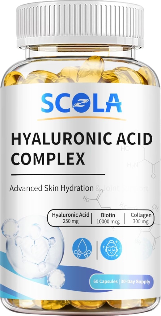 Cápsulas de Ácido Hialurônico SCOLA - 250mg HA + 10.000mcg Biotin, 60 Cápsulas Vegan □ Hidratação profunda, Suporte de cabelo e unhas □ Fórmula não-GMO