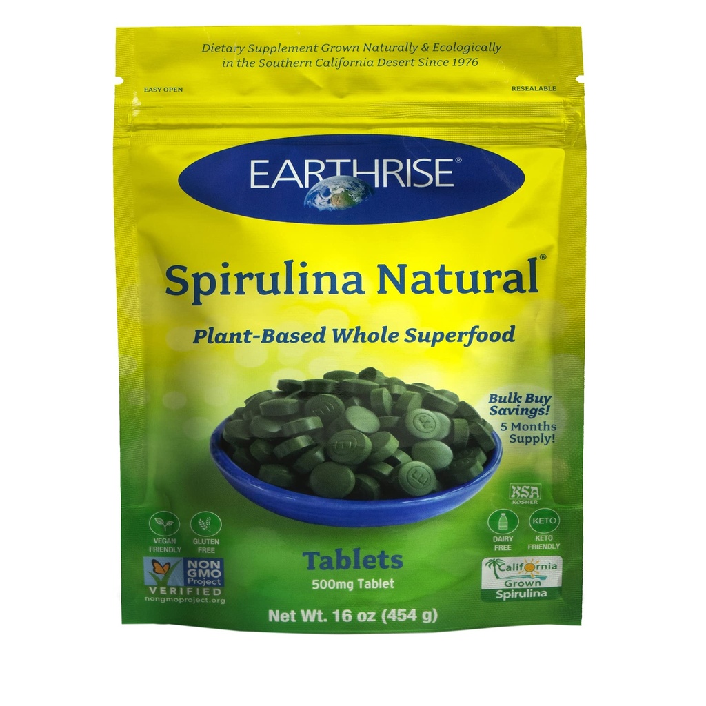 Espirulina Terrestre, Puro Californian Spirulina 500 mg, Vegan, Glúten grátis, Keto Friendly, Não -GMO Super Food alta em vitaminas e minerais., 1 LB Tablets (150 Servindo)