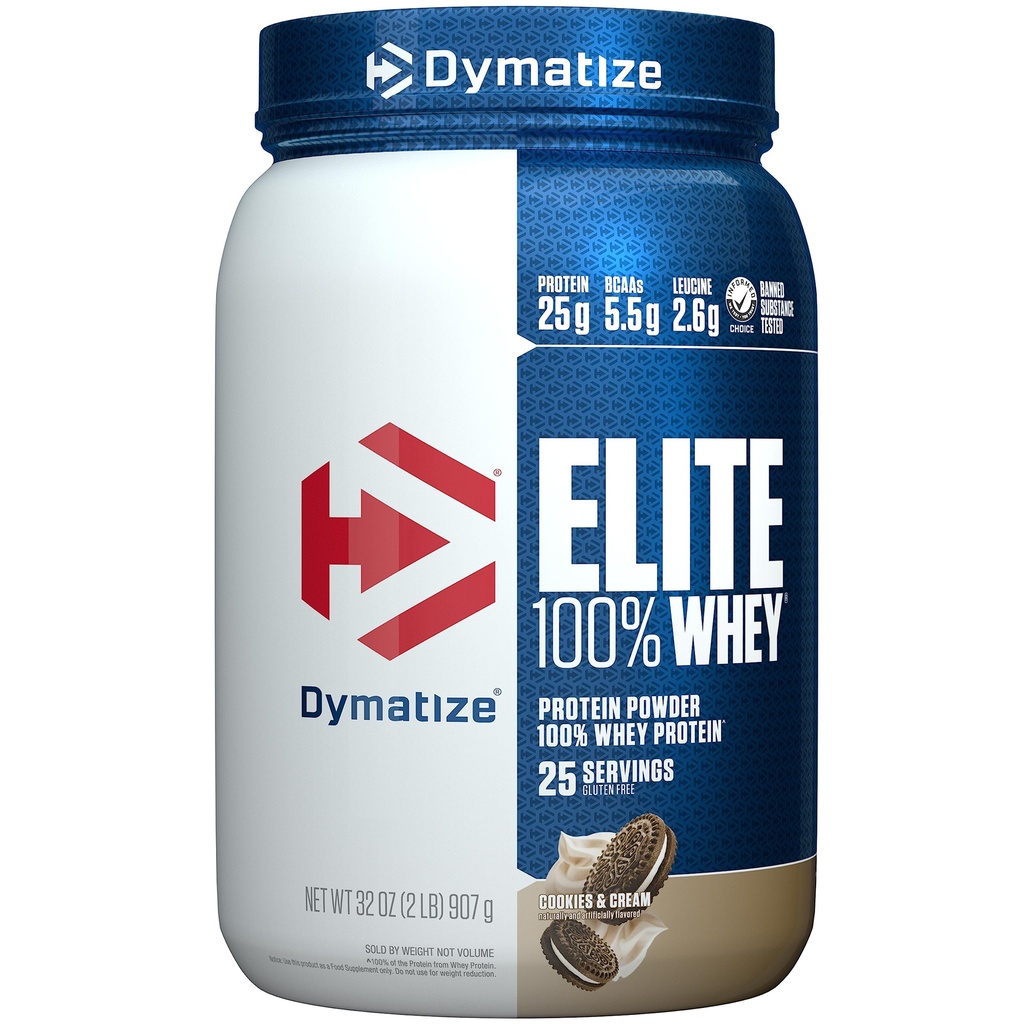 Dymatize Elite 100% Whey Protein Powder, Cookies & Cream, 25g de proteína, 5,5g BCAAs, Menos de 140 Cal., Gluten Free, 3g Carb, 2g Sugar, 3g Fat (25 Servings)