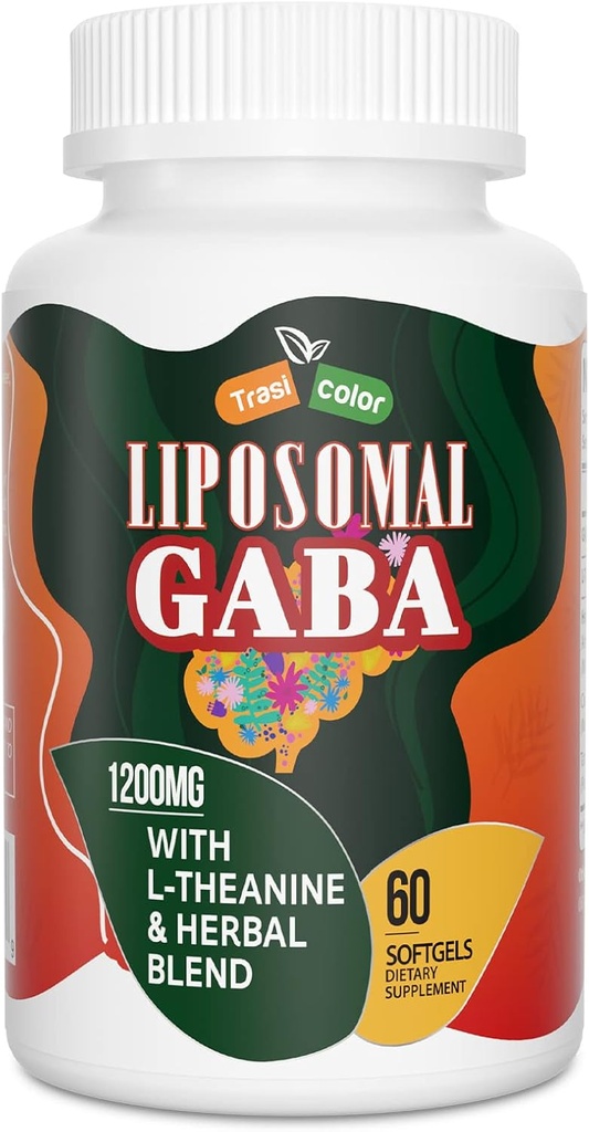 GABA lipossomal com L-Teanina Suplementos 1200mg - Complexo GABA de alta absorção com Ashwagandha, Camomila, Tart Cherry Herbal Suplementos para Homens e Mulheres, 60 Softgels