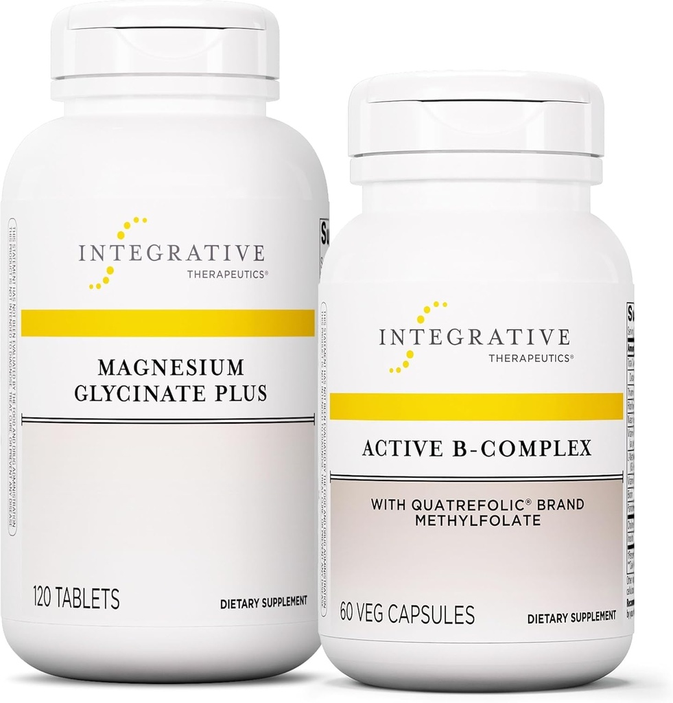 Pacote Terapêutico Integrativo com Complexo B ativo, 60 Cápsulas & Glycinate Magnésio Plus, 120 Comprimidos - Complexo B ativo para apoiar o metabolismo energético* - Apoio à saúde cerebral, saúde cardíaca e nervosismo