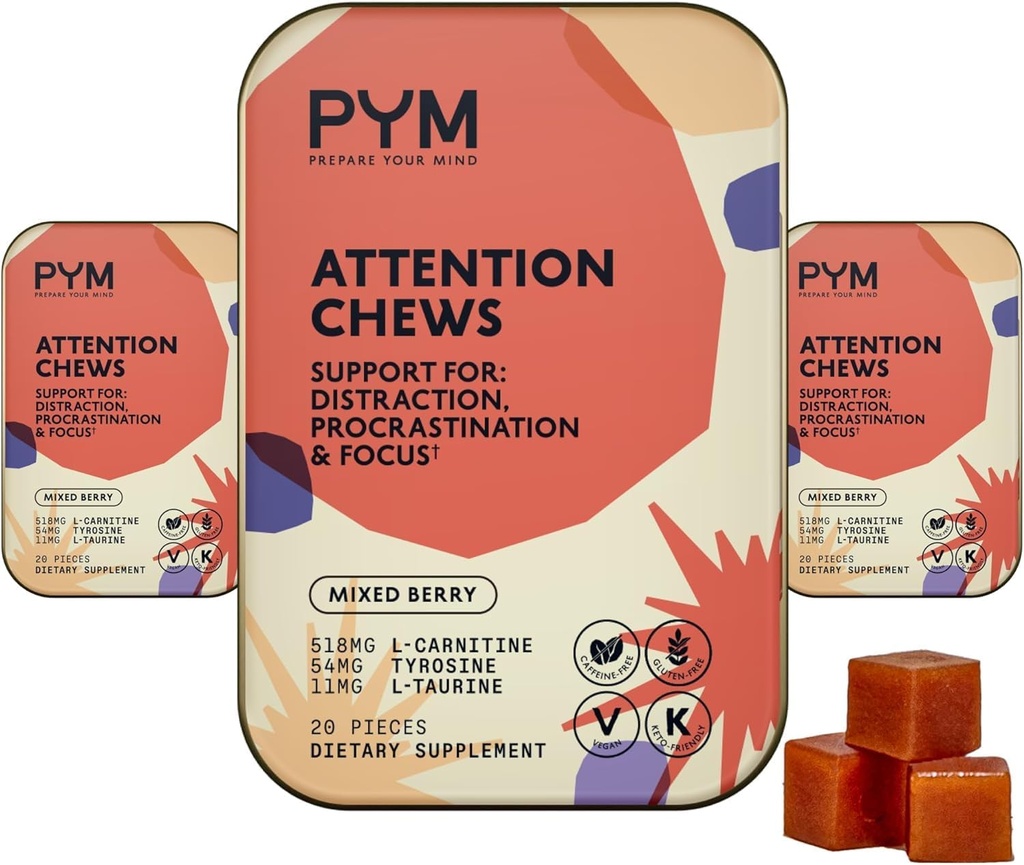 PYM Atenção Mastiga Suporte para Procrastinação, Foco e Produtividade, 60 Contagem, 518mg L-Carnitina, 54mg Tyrosine, 11mg L-Taurine - Cafeína-Free , All-Natural Mood Boost Supplement Made in USA