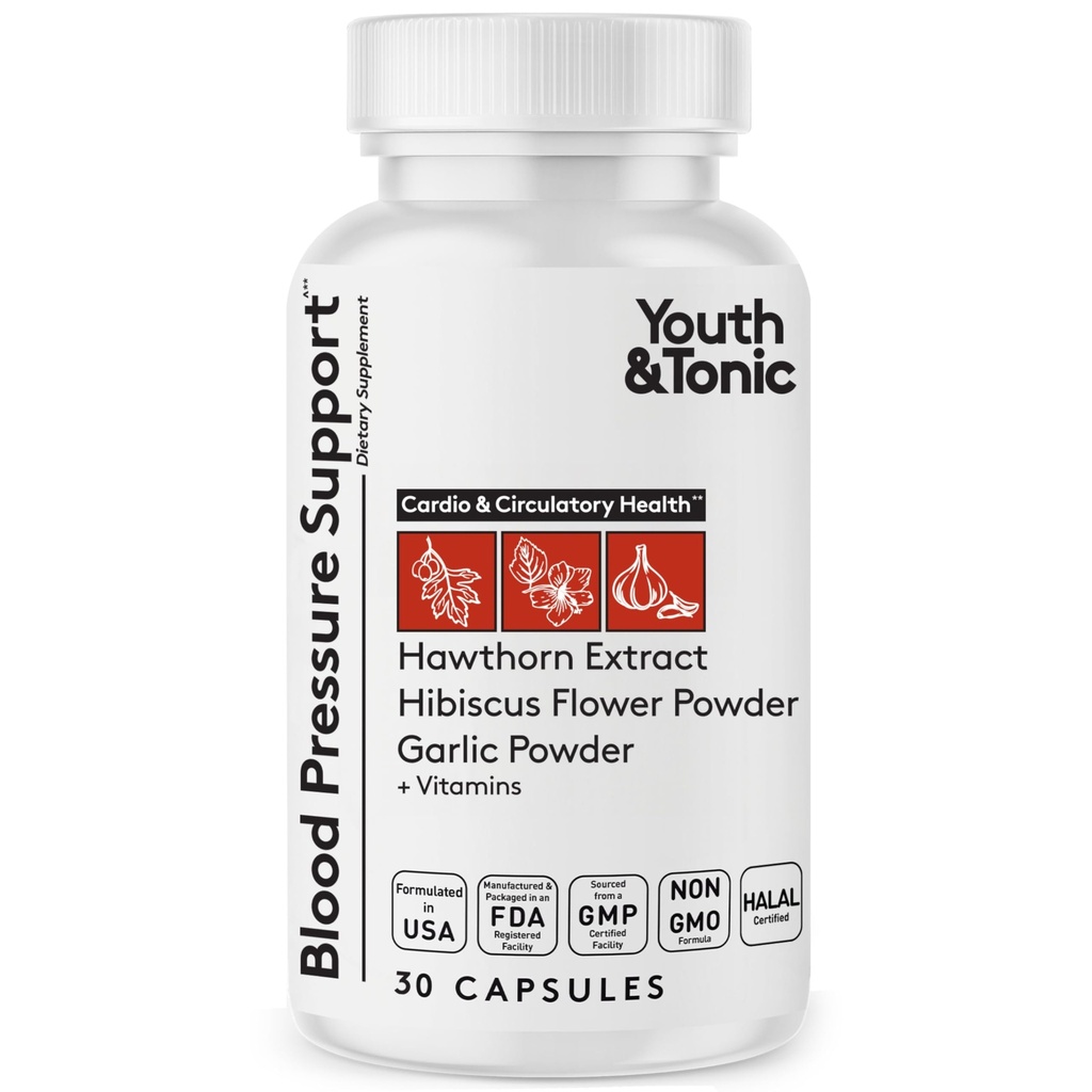 Jovem & tônico natural pressão sanguínea suporte suplemento w / Hawthorn Hibiscus e alta potência diuréticos ervas e vitaminas para a retenção de água 30 BP Cápsulas para manter uma boa saúde