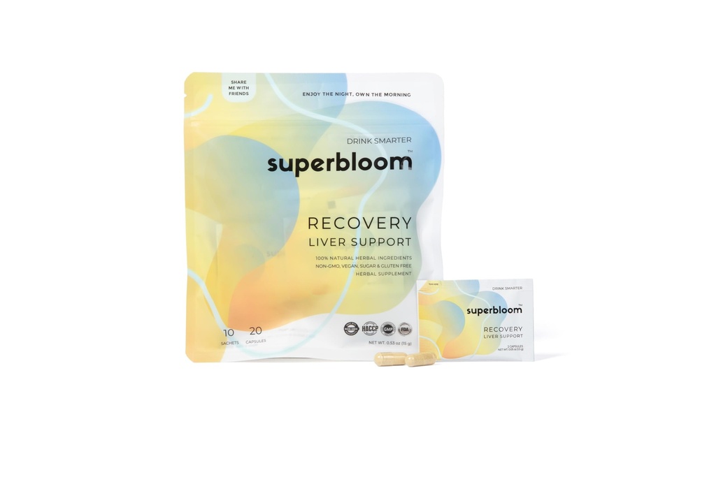 Superbloom Recuperação de suporte de fígado de Detox do fígado com DHM, Açafrão, Cardo de Leite      , 10 saquetas, 20 cápsulas , Aproveite a noite, Possuir a manhã