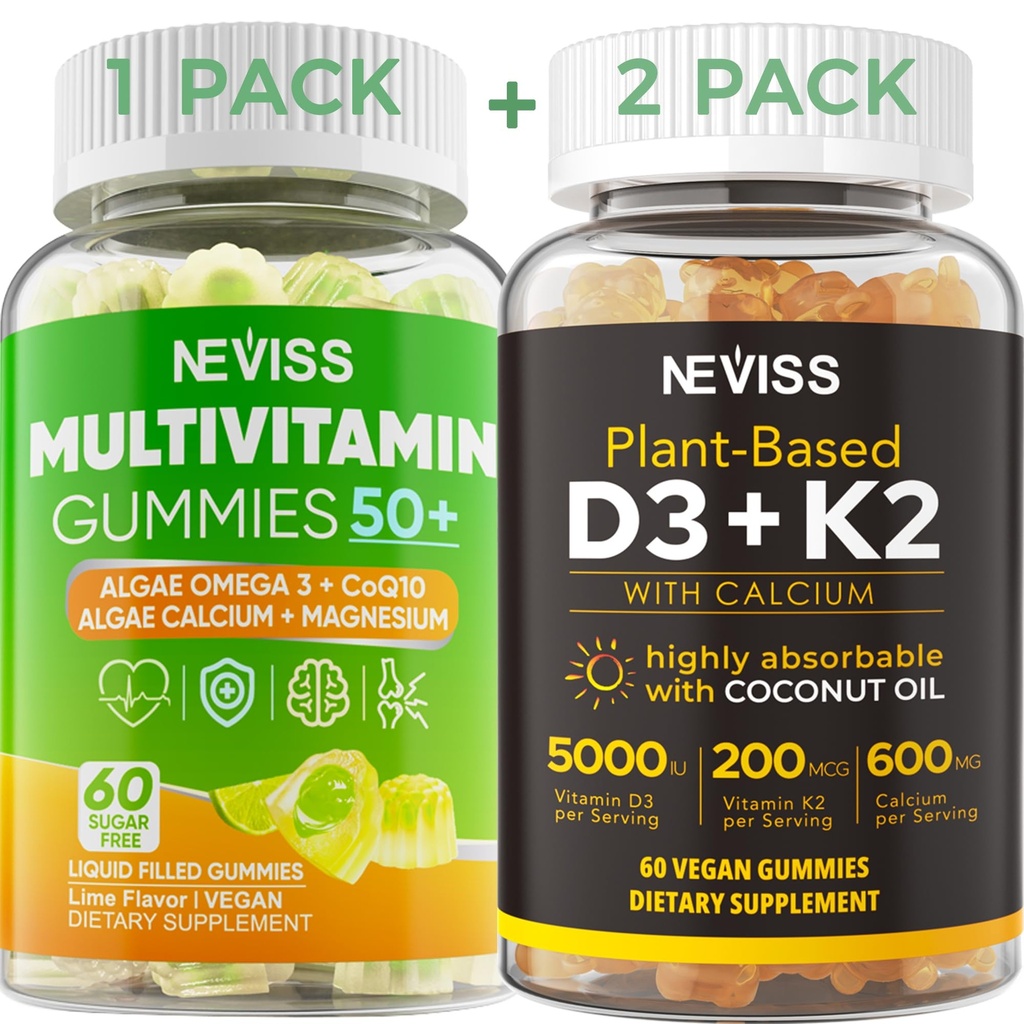 NEVISS 50+ Gummy Multivitamin Algas Omega 3 & Cálcio, CoQ10, Magnésio + Vitamina D3 5000UI Gummies 125mcg com cálcio 600mg, K2(MK7) 200mcg