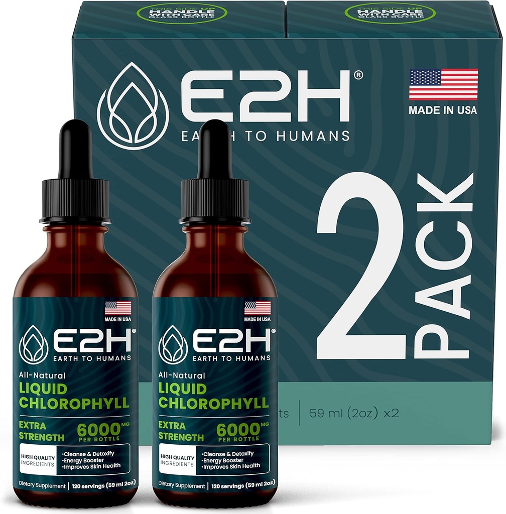 E2H Chlorophyll Liquid Drops - Energy Booster, Digestão, Suporte do Sistema Imune e Desodorante Interno - Vegan - Gluten Free - Não-GMO - (2 garrafas)