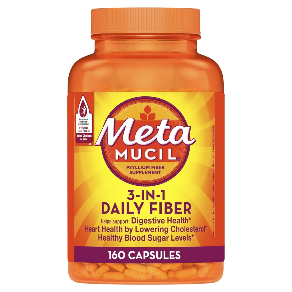 Metamucil Psyllium Husk Fiber Supplement, 3-em-1 para a saúde digestiva, planta baseada, 160 contagem, pacote de 2