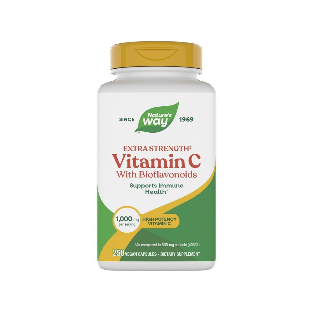 Vitamina C com bioflavonóides, Promove a produção de colágeno para a pele saudável*, 1g Vitamina C como ácido ascórbico por cápsula, 250 Cápsulas Vegan (Pacote de Maio Vary)