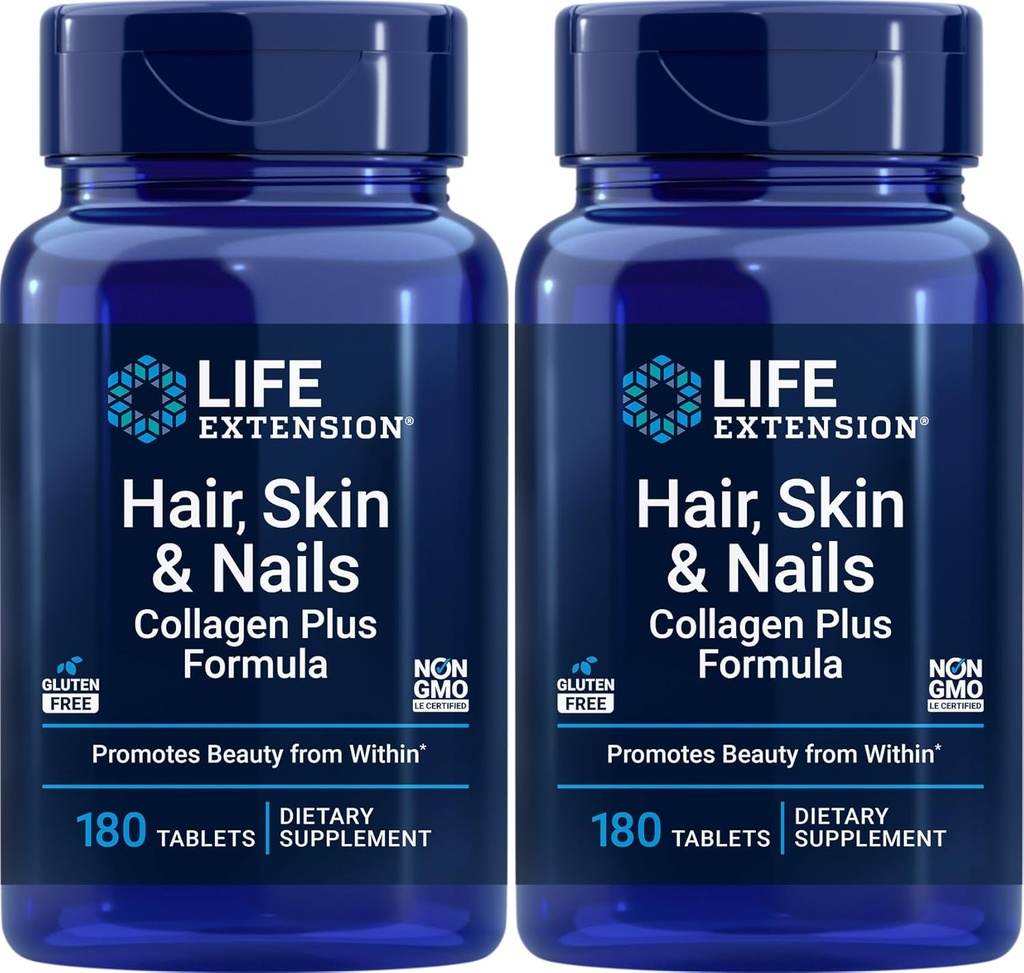 Extensão de vida cabelo, pele & unhas Colágeno Plus Fórmula, 180 comprimidos (Pacote de 2)