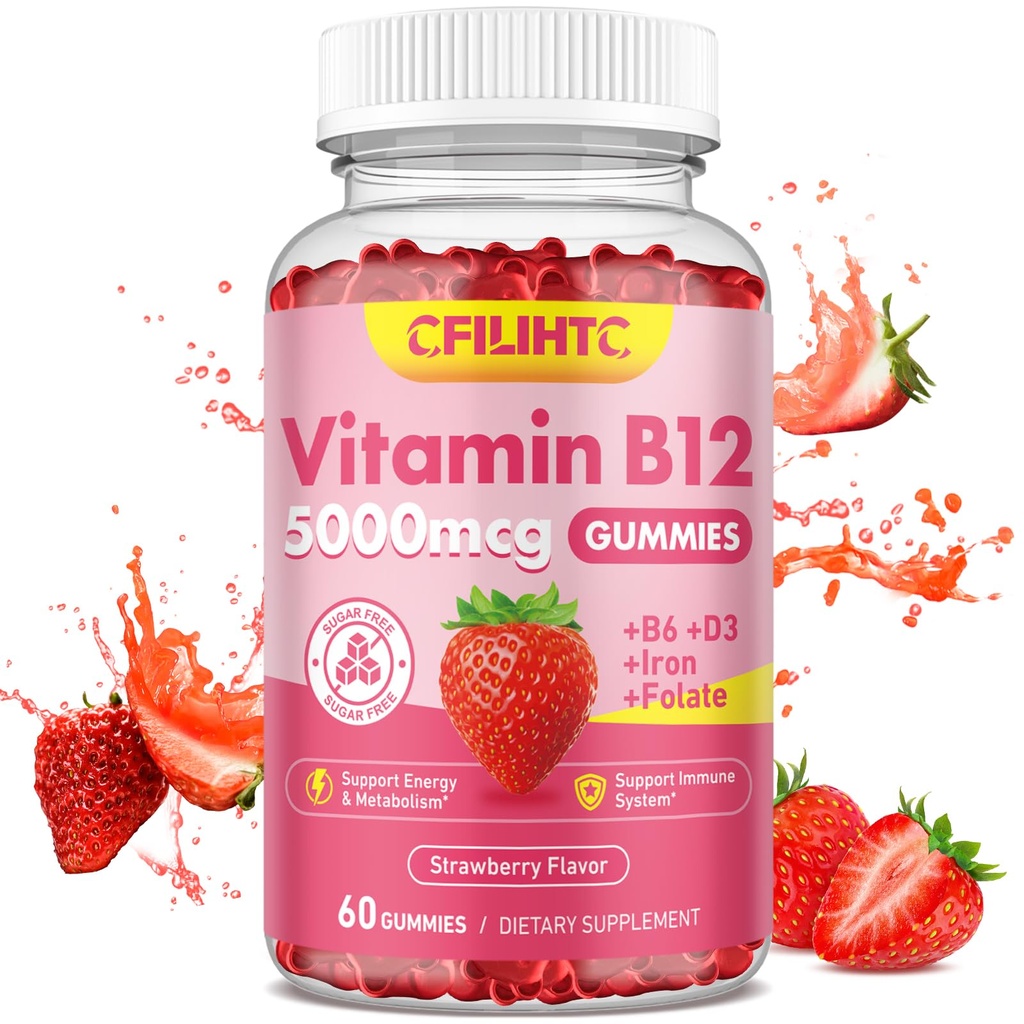 Vitamina B12 chicletes para mulheres e homens, 5000mcg Metil B12 chicletes com vitamina B6, D3, ferro, folato para adultos, Suporta energia e metabolismo Boost, Humidade, Imune & Sistema Nervoso, Açúcar Free Strawberry