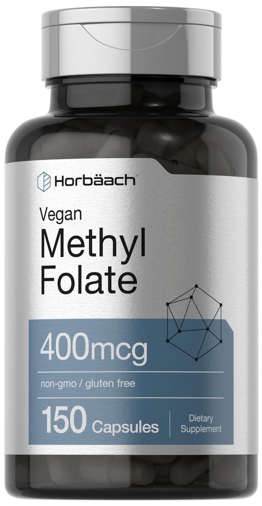 Horbäach Folato de metilo 400 mcg / 150 Cápsulas Vegan / Não-GMO, Glúten grátis / Suplemento dietético