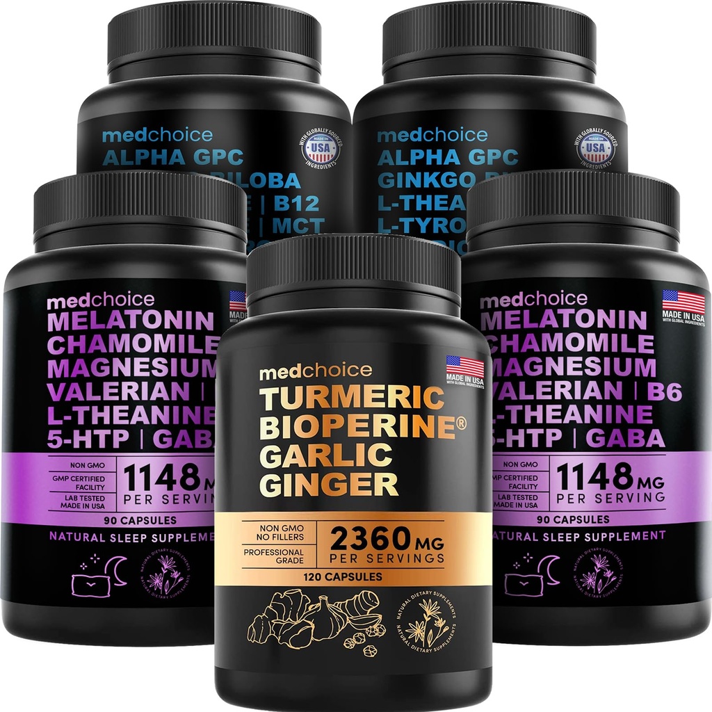MEDCHOICE Turmeric & Ginger (120ct), Melatonina do sono (180ct), e Nootropic Brain (120ct) Suplemento Bundle - Trio de bem-estar para o cérebro, sono, & apoio imunológico - Vegan, Não-GMO, Gluten-Free