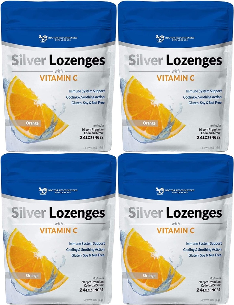 Lozes de Prata com Vitamina C - Prata Premium Nano 60 PPM Prata coloidal, Mel Orgânico e Suplemento Mineral Vitamina C Gotas para apoiar o sistema imunológico, Soothe Tosse & Garganta - pacote de 4