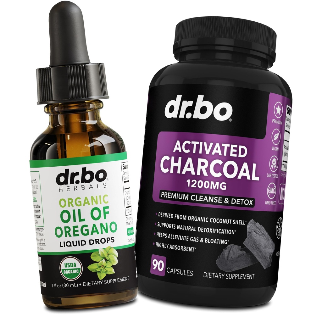Orégano Oil Organic Liquid Drops & Charcoal Cápsulas - Óleo de Orégano Drops Tinture Extract & Charcoal Pills para Estômago Gás Limpeza Detox Imune Suporte, Binder Digestivo - Orgânico