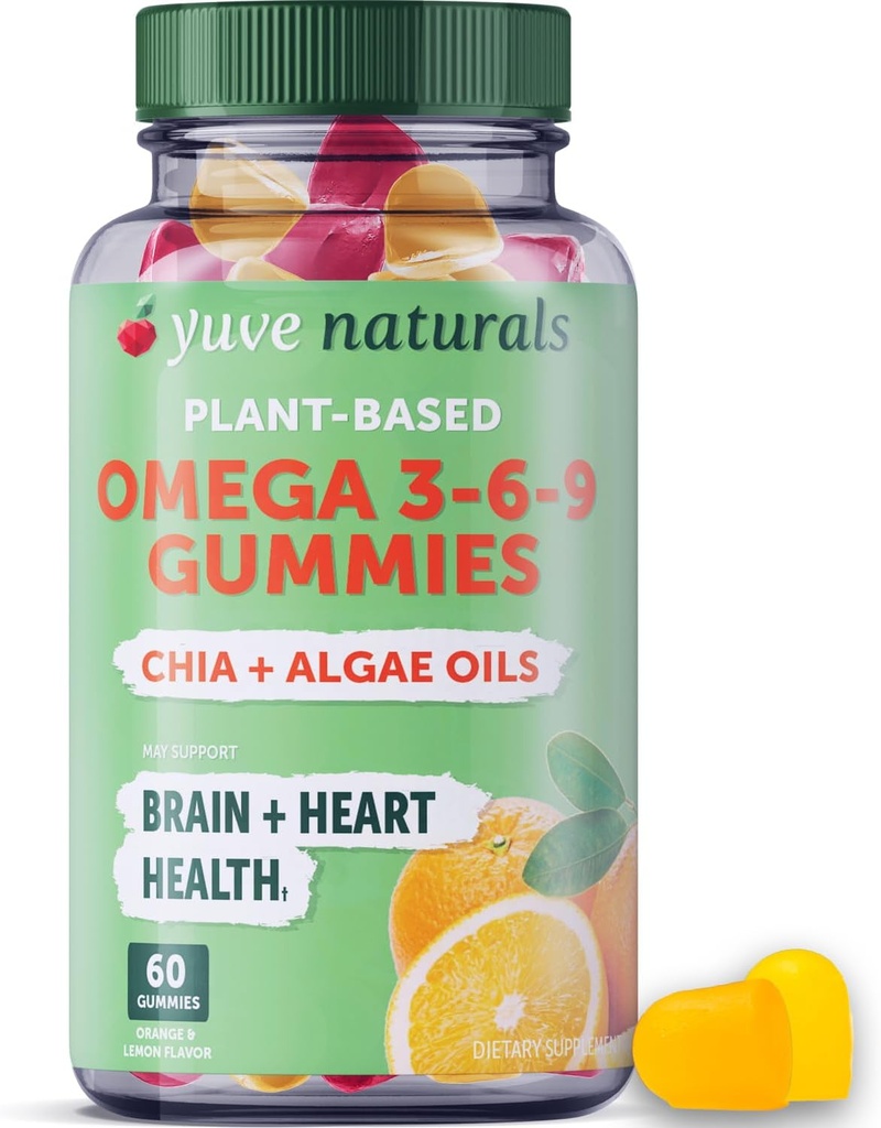 Yuve Vegan Omega 3-6-9 & DHA Gummies - Delicioso para crianças, homens e mulheres - Feito de Algas & Chia - NO óleo de peixe, NO Krill - Suplemento de ácido gordo essencial - Não-GMO, Gluten-Free, Baseada em Planta - 60ct