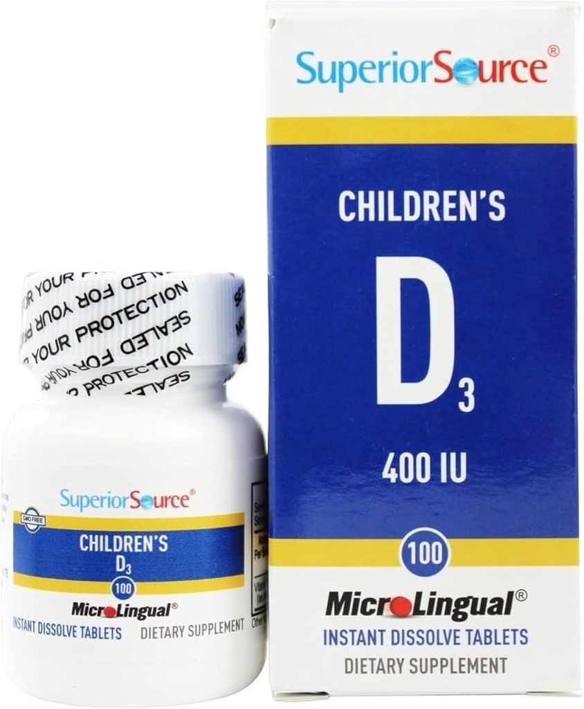 Fonte superior Vitamina D3 400 UI - Dentes, osso e Imune Suplemento de suporte para crianças - Não-GMO - 100 comprimidos microlinguais dissolvíveis