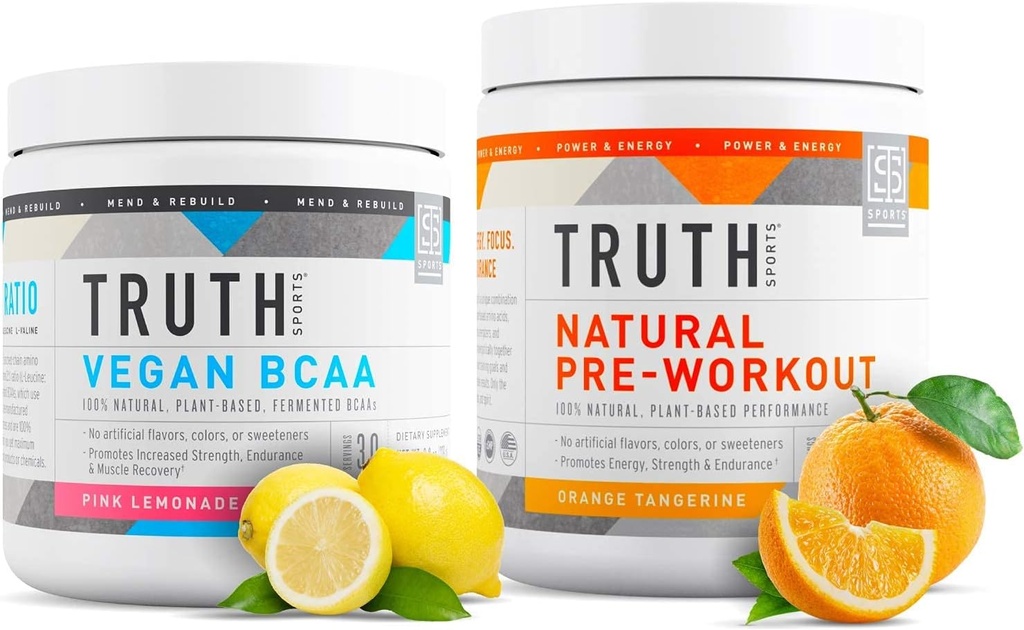 Truth Nutrition Natural Atleta Treino Stack - Vegan BCAA (Limonada rosa) + Natural Pré-treino (Orange Tangerine)
