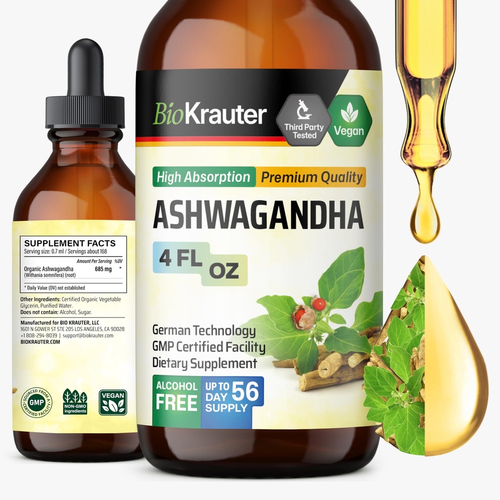 BIO KRAUTER Ashwagandha Liquid Drops - Suplementos Ashwagandha para a calma - Vegan Mood Support Drops - Álcool & Açúcar Grátis - 4 Fl.Oz.