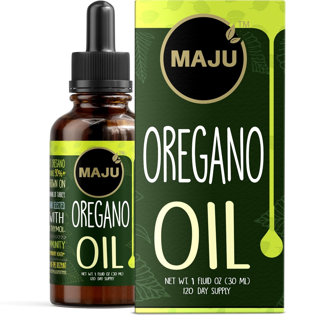 Superalimentos Maju Orégano Oil Drops, Potente 90%+ Carvacrol (1 fl Oz) Óleo Essencial Mediterrânico Selvagem de Orégano Líquido, Aceite de Orégano, Imune e Suporte Sazonal