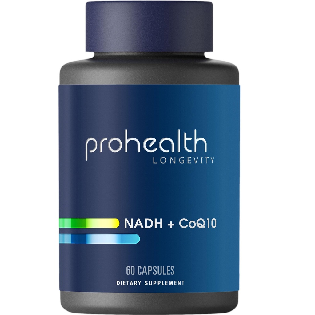 ProHealth NADH + CoQ10 - Impulsionar NAD+ + 60 dias de fornecimento; Pure NADH 25 mg, CoQ10 100 mg; 60 cápsulas resistentes ao ácido; Energia; Foco; Produção de ATP