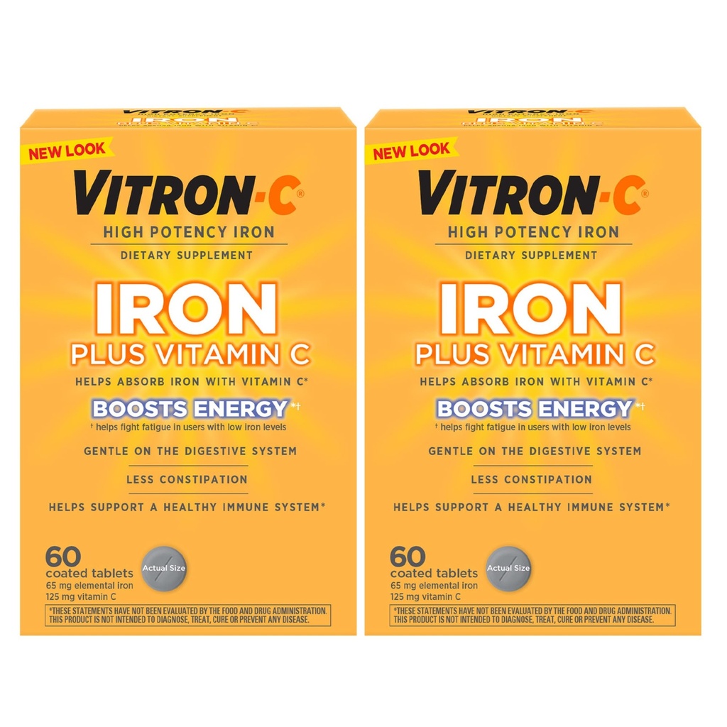 Suplemento de ferro Vitron-C, uma vez por dia, ferro de alta potência mais vitamina C, apoiar a produção de células sanguíneas vermelhas, comprimidos livres de tinta, 60 contagem, 2 pacote