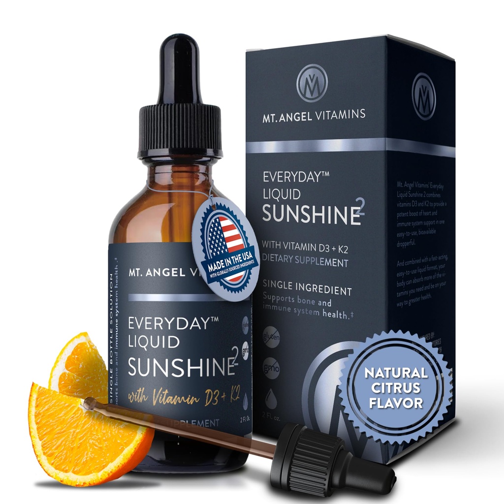 Mt. Angel Vitaminas - Vegan Vitamina D3 & K2 Suplemento Líquido - 5000 UI D3, Trans MK7 K2 - Gluten-Free, Non-GMO - Perfeito para Adultos e Crianças - Sua dose diária de Sunshine