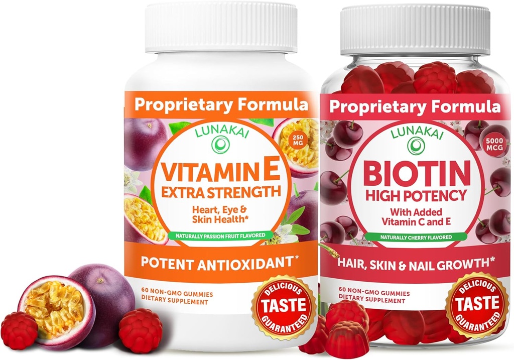 Pacote de pastilhas de Vitamina E e Biotina Lunakai - 3000 mcg Gummies para Adultos Suporte Energético e Saúde Óssea - Vitaminas para Cabelo, Pele e Juventude