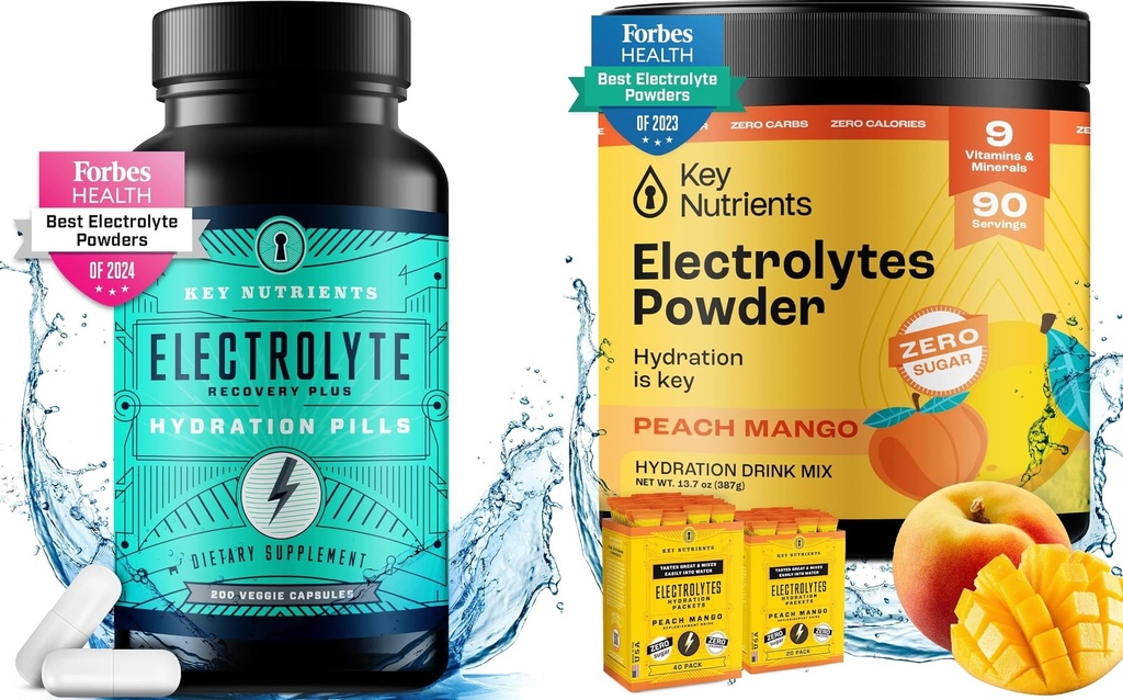 KEY NUTRIENTS Hydration & Energy Electrolyte Bundle – Comprimidos de Eletrólito & Pêssego Tropical Mango Multivitamin Powder, Livre de Açúcar