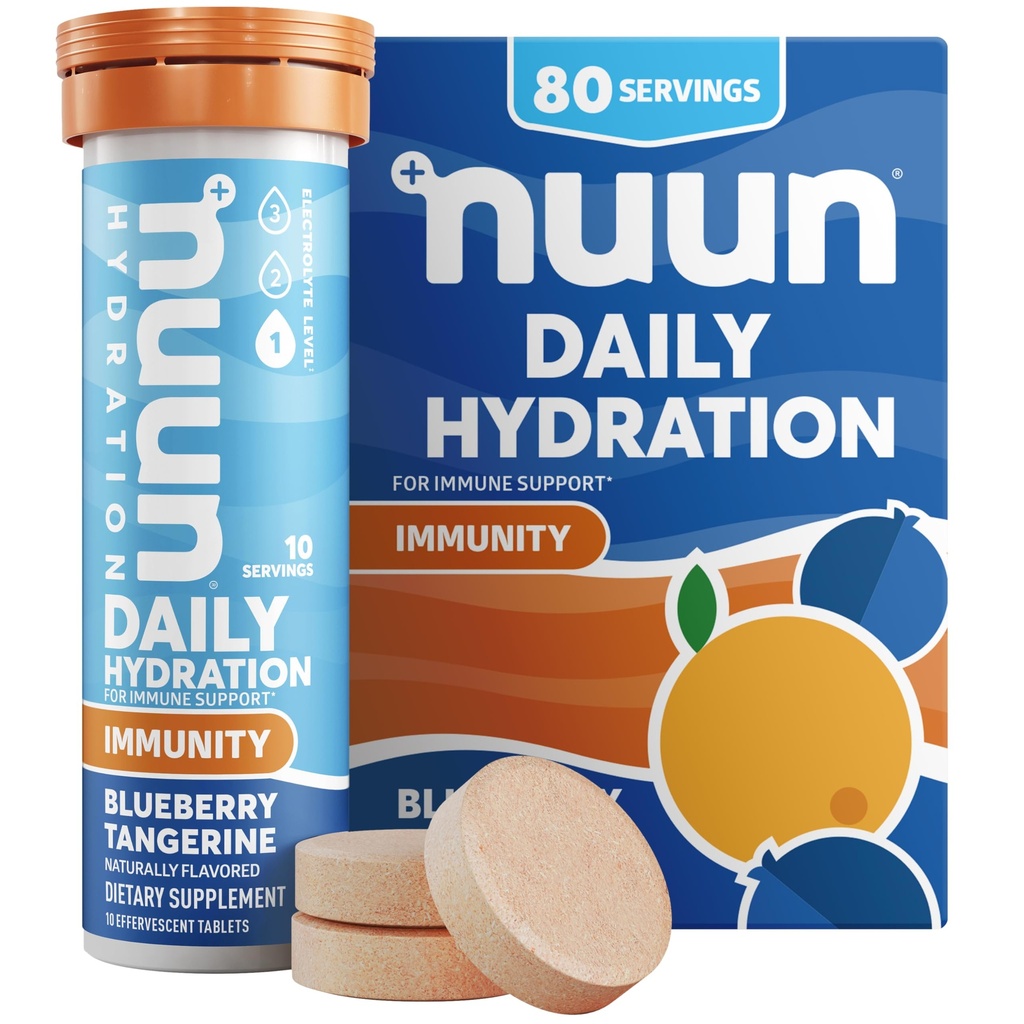 Comprimidos Eletrolíticos de Imunidade Nuun com Vitamina D, C, E, & A, Ginger, Elderberry, Magnésio & 4 Outros Eletrolitos Essenciais, Vegan, Blueberry Tangerine, 8 Pack (80 Servings Total)